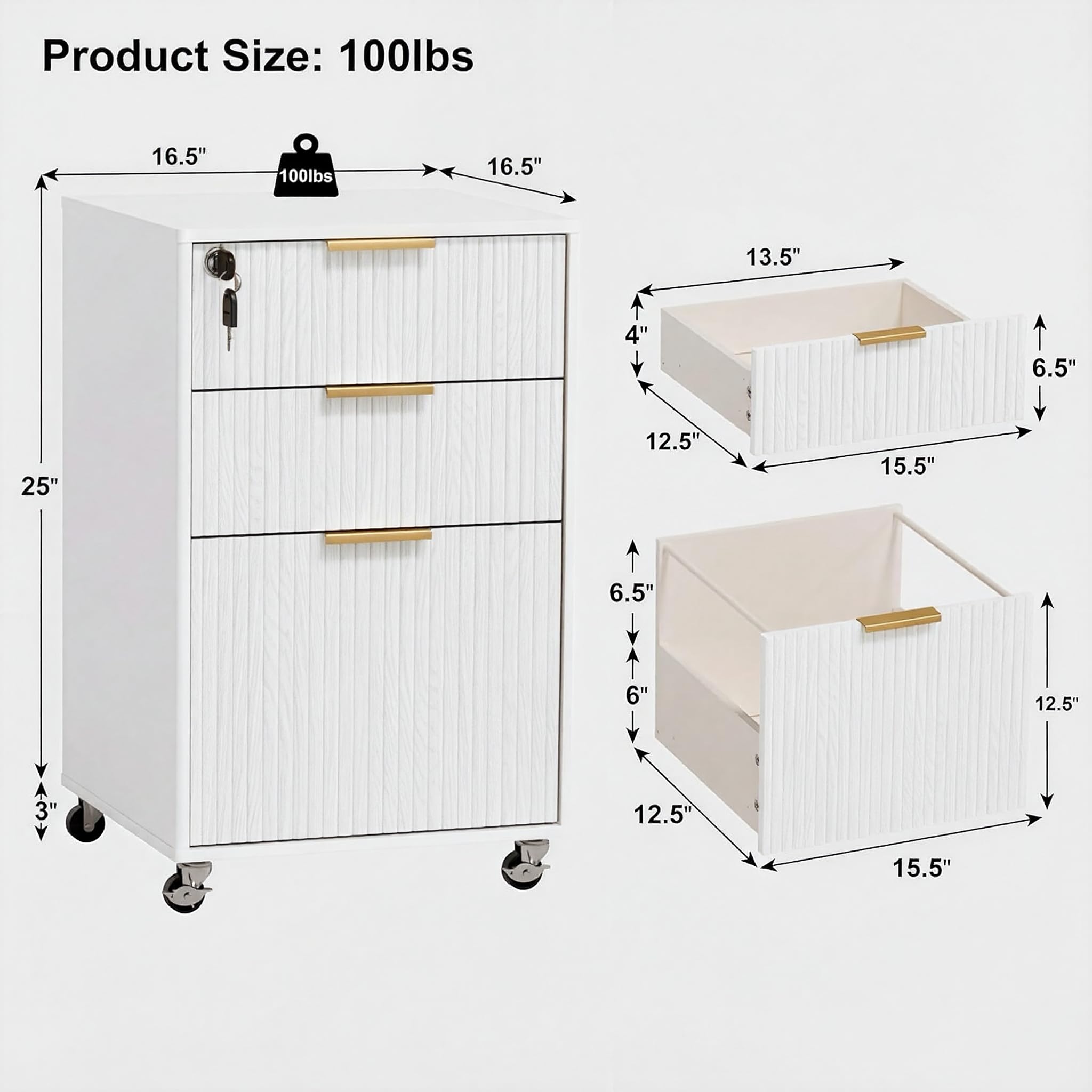 3 Drawers Fluted Mobile File Cabinet with Lock, Rolling File Cabinet Printer Stand Table, Under Desk Wooden Filing Cabinets for Home Office Essentials Storage Organization Furniture Letters/A4(White)