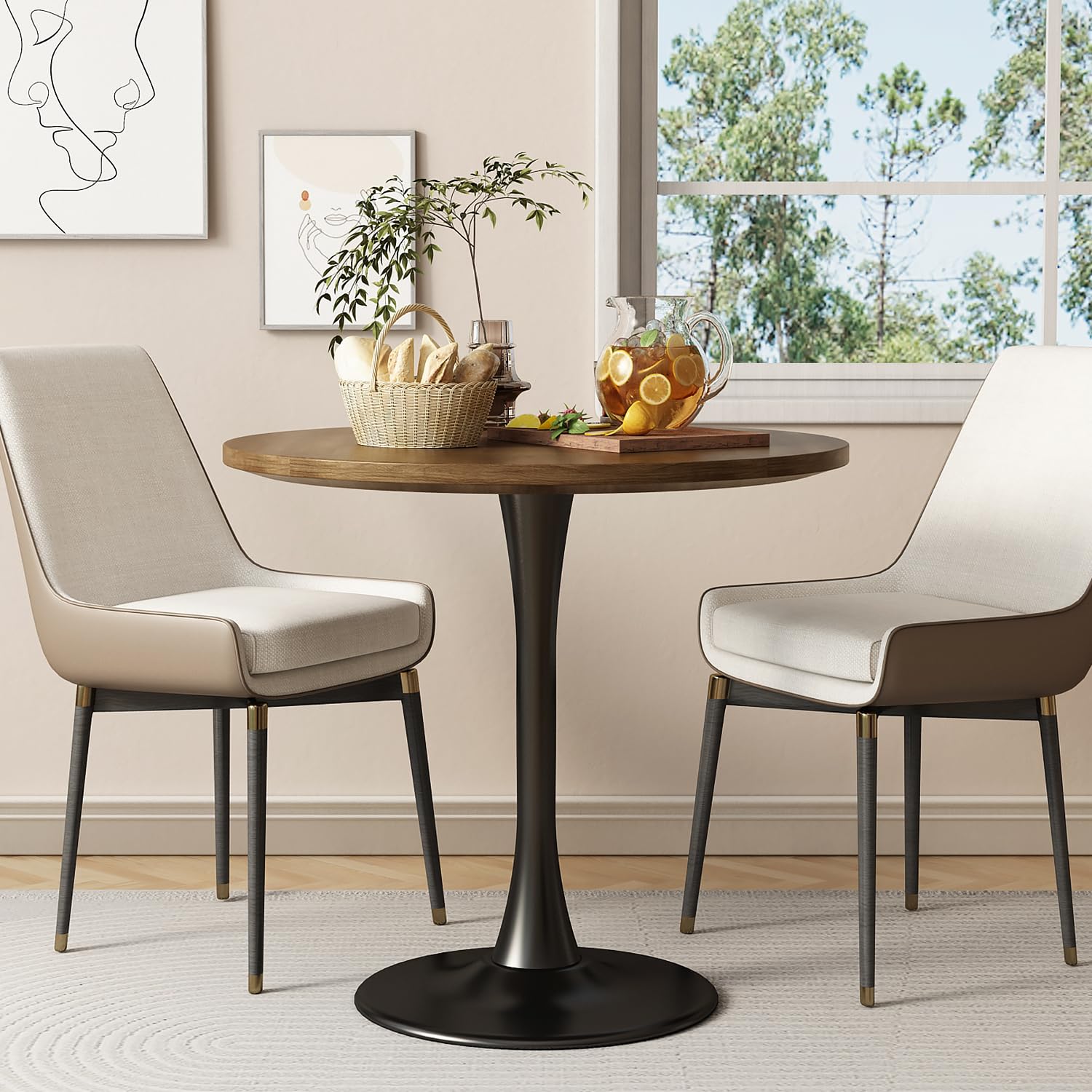 Kasinali Round Dining Table 31.5" Circle Tulip Table with Wood Thickened Tabletop & Sturdy Metal Pedestal Mid Century Modern Farmhouse Kitchen Tables for 4 Small Places Living Room Cafe,Somber Walnut