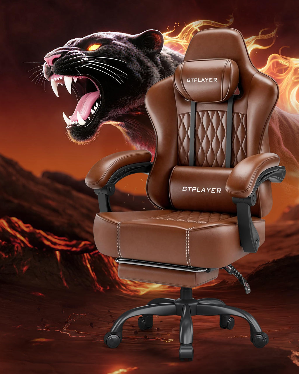 Big and Tall Gaming Chair with Footrest, Ergonomic Office Desk Chair with 4.4in Thick Cushion and Wide Wingless Seat, Comfortable Leather Computer Chair, Predator Series, Chocolate Brown