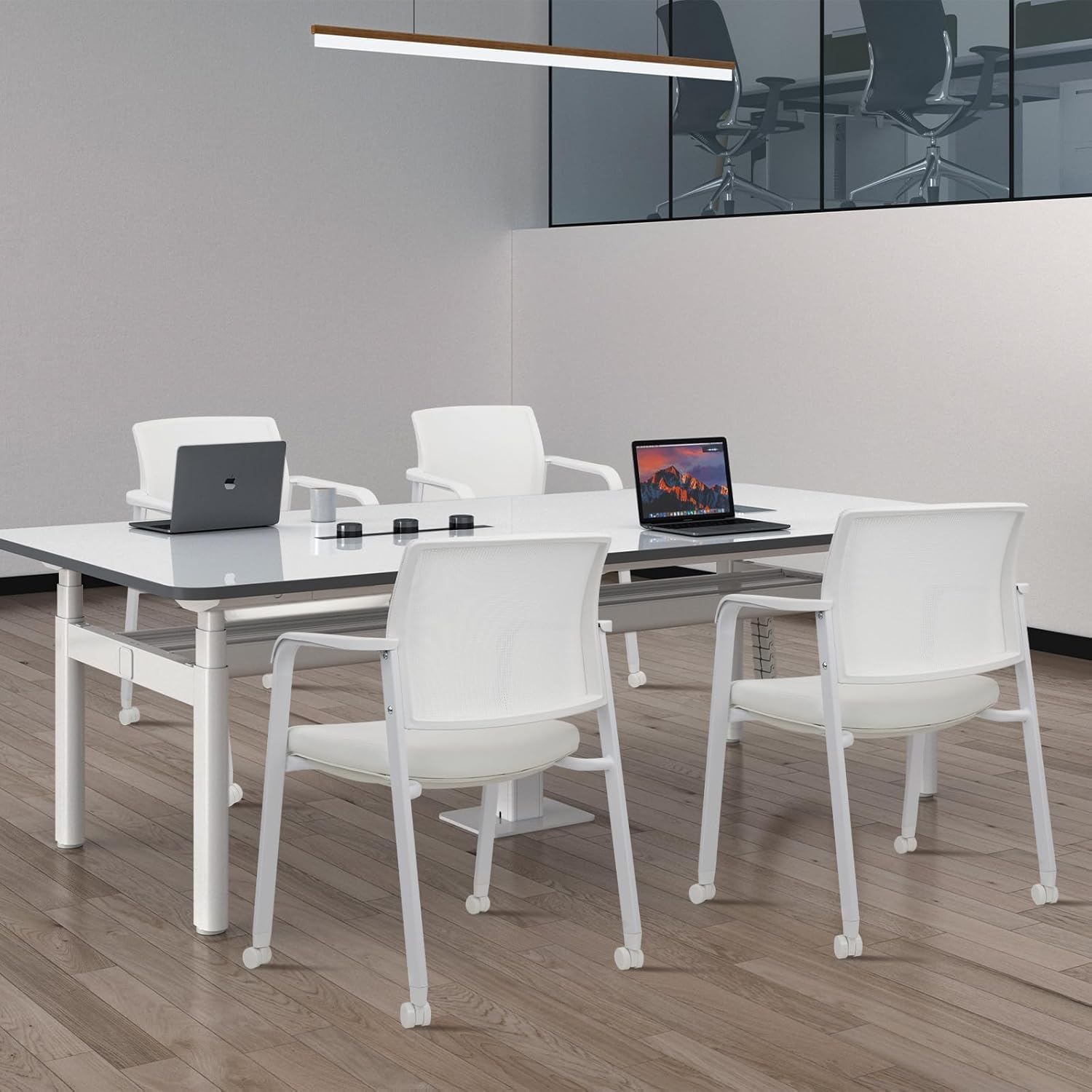Set of 8, Stacking Office Chairs with Wheels | Mesh Back, Thicken Leather Seat and Streamline Armrests, Ergonomic Lumber Support | School, Desk, Guest Reception, Waiting, Conference | White