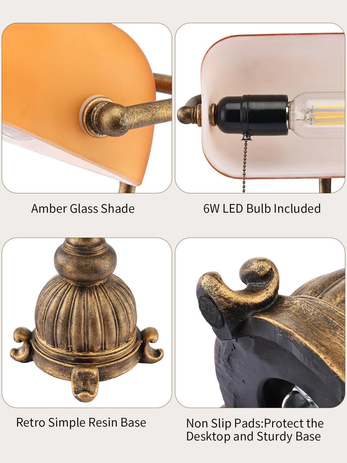 Retro Amber Glass Bankers Desk Lamp,LED Bulb Included