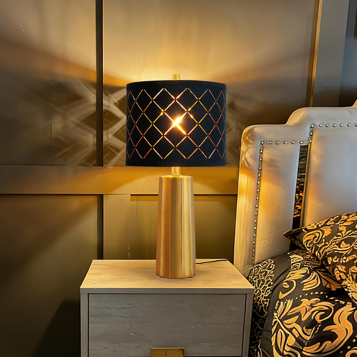 24" Modern Table Lamp for Living Room Bedroom Black Grid Shade