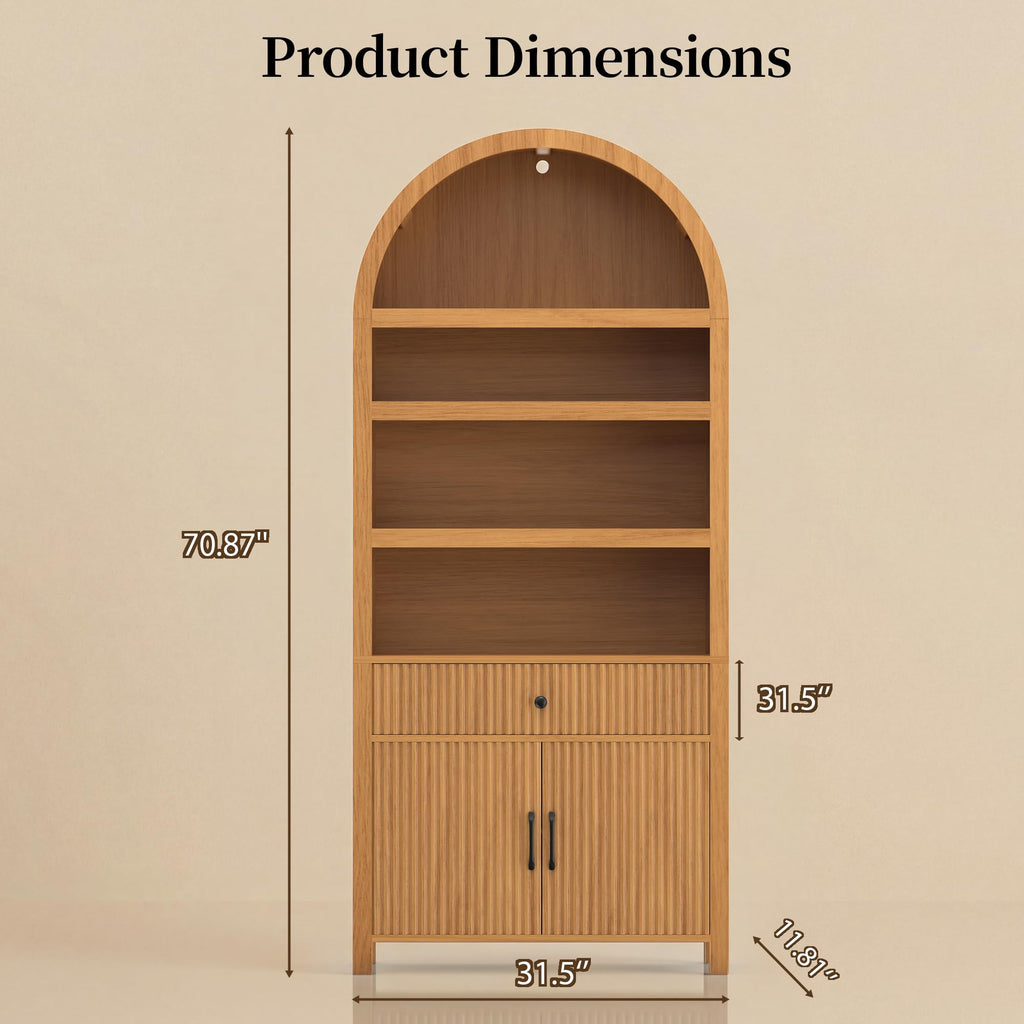 Book Shelf 70" Tall Bookcase with Drawer, 7-Tier Arched Cabinet with Storage and Fluted Door, Mid-Century Modern Modular Arch Bookshelf for Office Living Room Bedroom Library (Oak, 2)