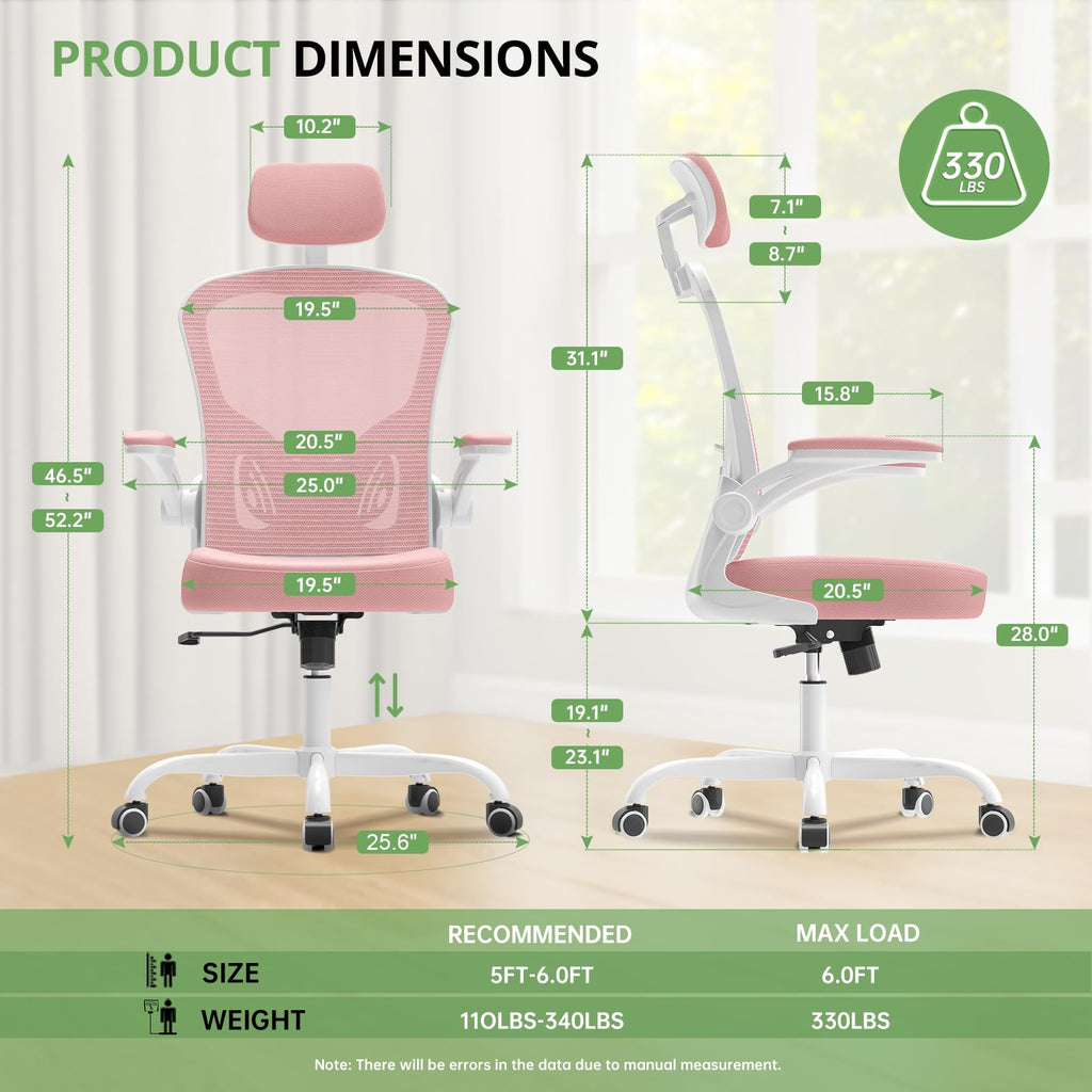 Office Chair Ergonomic Desk Chair, 330LBS Capacity, High Back Computer Design for Long Hours Comfort, Rolling Swivel Executive Task for Home Office with Flip-up Armrests, White Pink