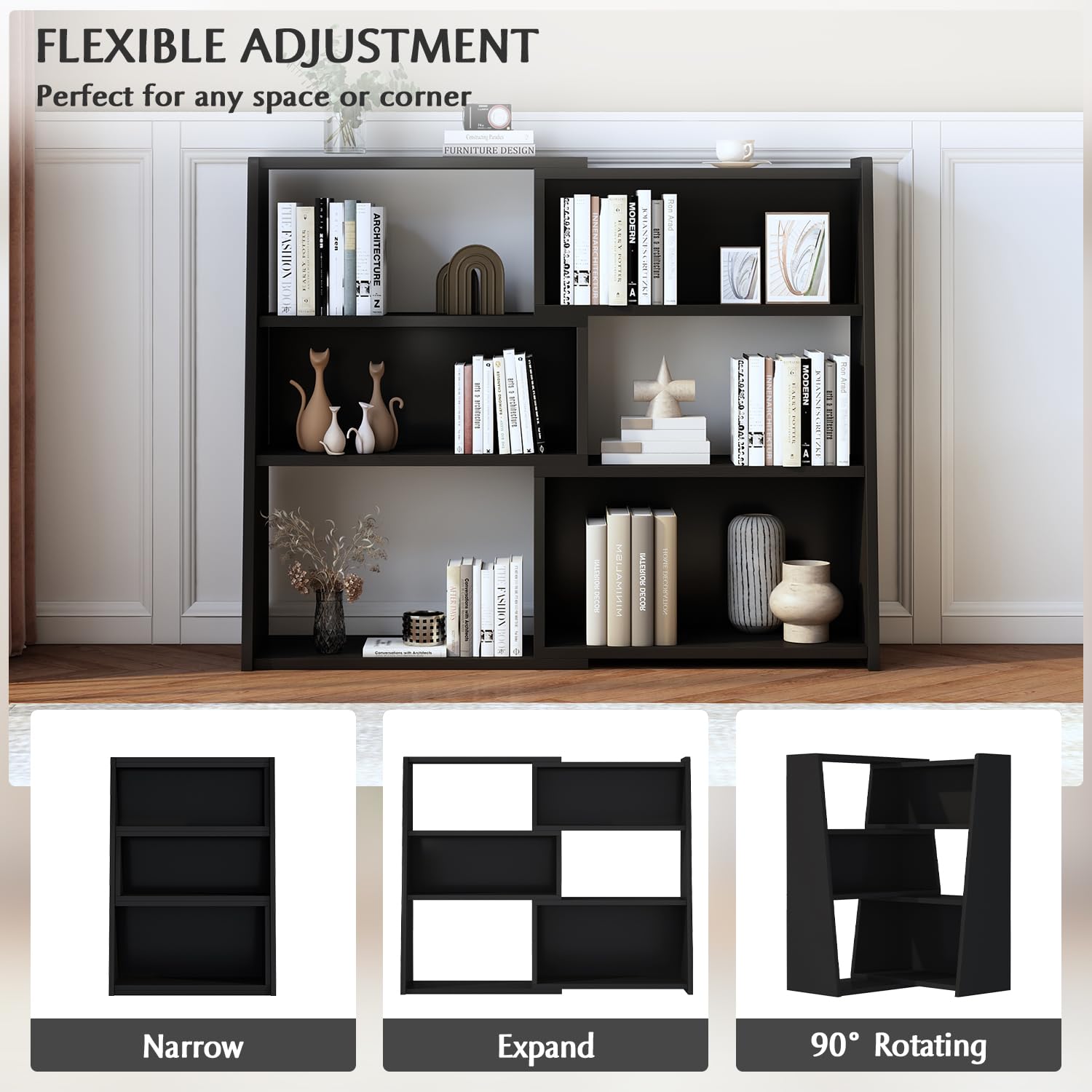 Wooden Extendable Shelf Bookcase, 3-Tier Low Bookshelf, Black, S