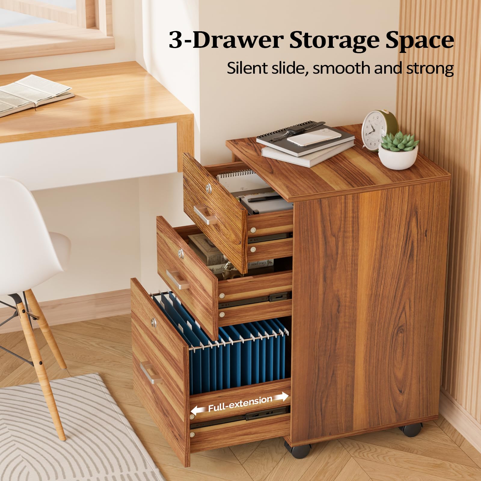 3-Drawer File Cabinet with Lock, Wood Rolling Filing Cabinets for Home Office, Mobile Printer Stand, Under Desk File Organizer for Letter Sized Files, 26" H(Caster Included), Walnut