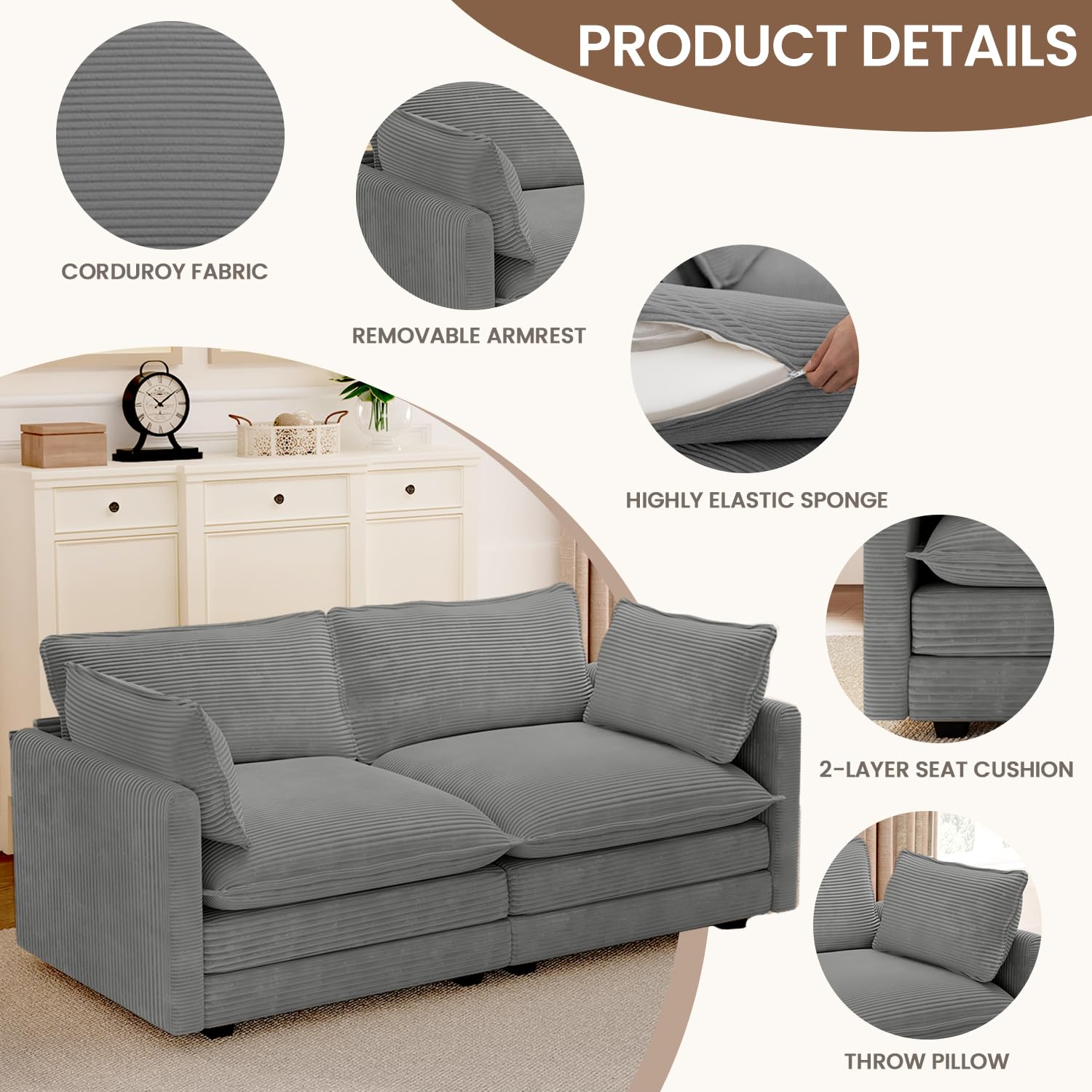 78'' Sectional 2 Seat Cloud Loveseat with 2 Throw Pillows, Modern Corduroy Love Seat, Convertible Cozy Sofa for Living Room, Bedroom and Office, Dark Grey