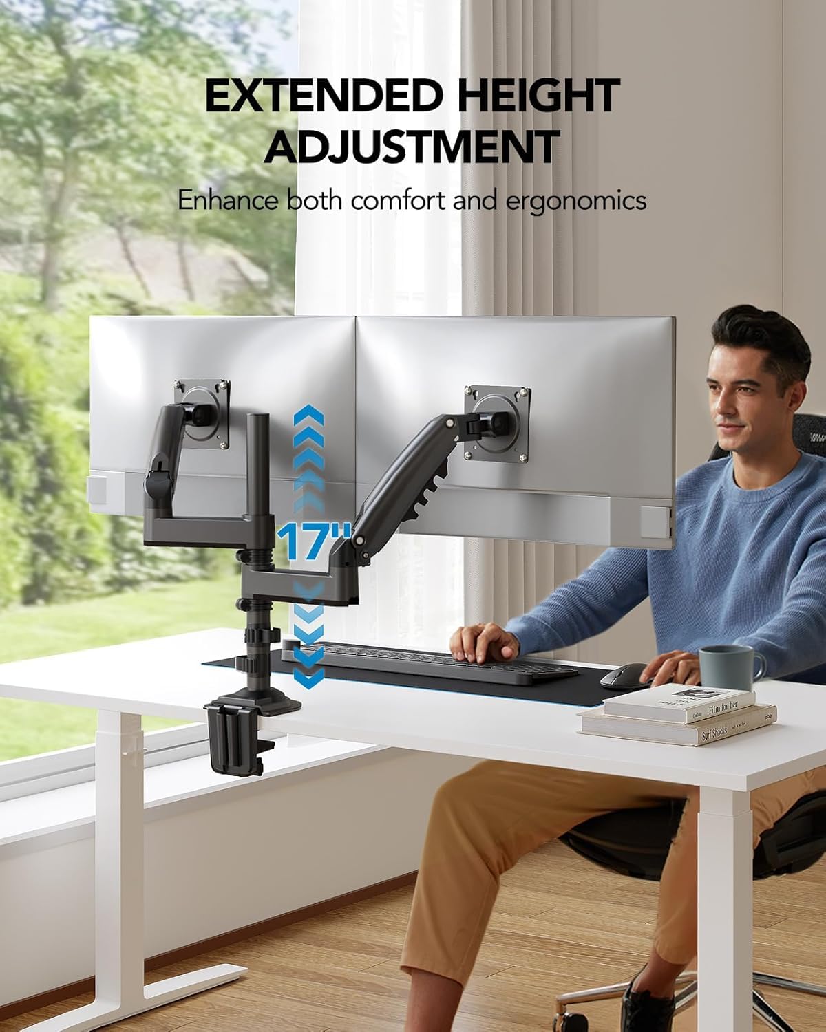 17-32 Inch Dual Monitor Stand, Vertical Dual Monitor Mount, Monitor Stand 2 Monitors, Ergonomic Adjustable Tilt/Swivel/Rotate, Weight Max 19.8 lbs, VESA 75/100mm