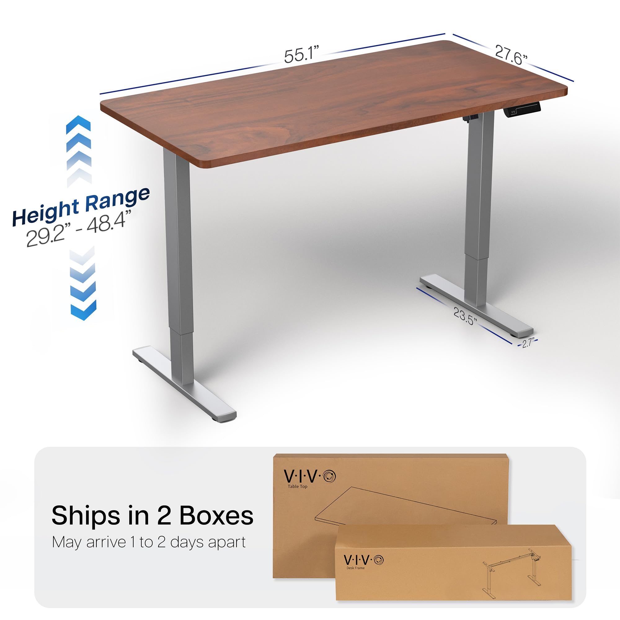 Electric 55 x 28 in Standing Desk, Memory Height Adjustment, 1B Series, Holds 220 lbs, One-Piece Dark Walnut Top, Gray Frame
