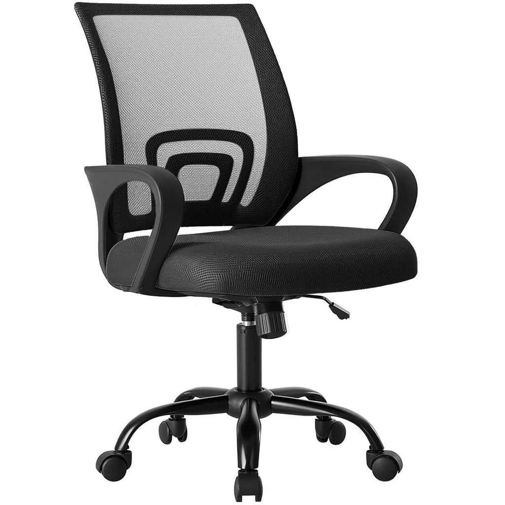 Office Desk Chair - Ergonomic Mid Back with Lumbar Support & Rocking Mode, Height Adjustable with Fixed Armrest, Storage Back for Computer, Gaming, Conference, Meeting, 360° Swivel, Black