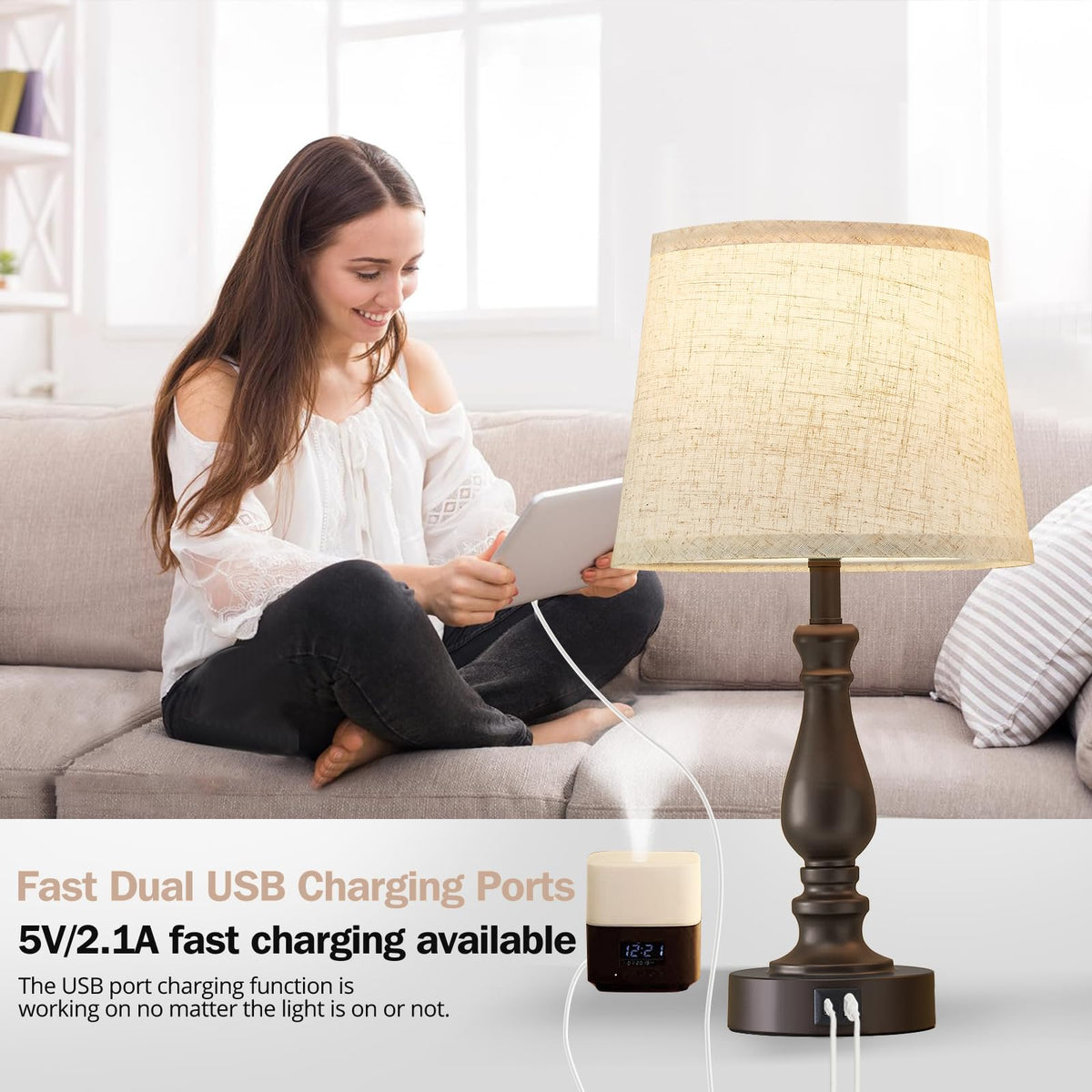 Table Lamps for Bedrooms Set of 2 - Touch Bedside Lamps with USB C+A Ports - Dimmable Nightstand Lamps for End Tables Farmhouse Night Stand Lamps for Living Room Bed Side Guest Room