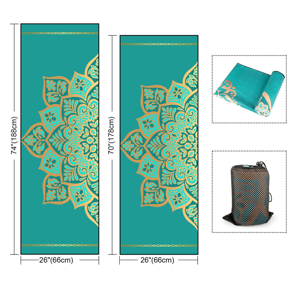 Hot Yoga Towel with Grip Dots, Non Slip, 70"x26, Turquoise Mandala