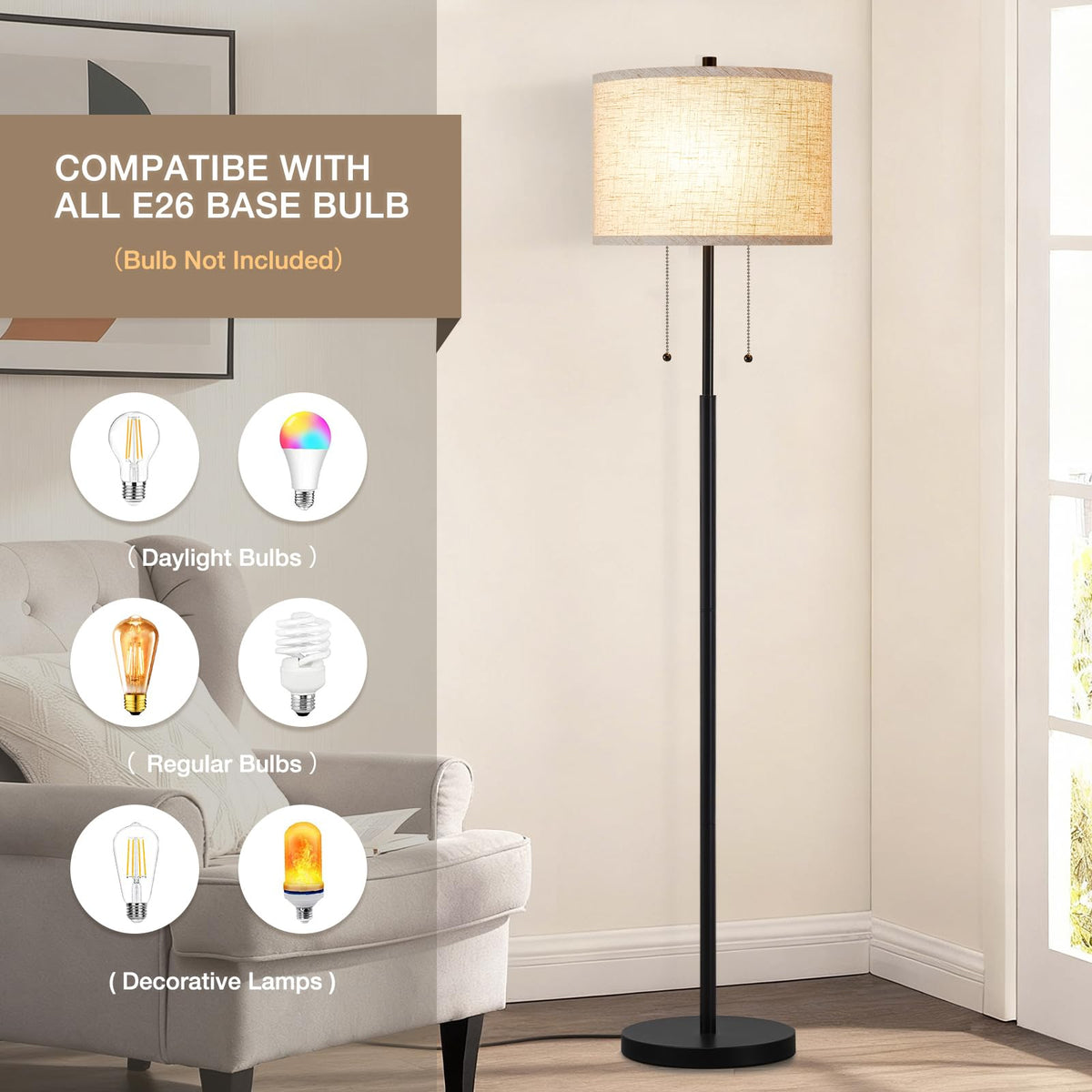 Black Floor Lamp, 62" Standing Lamp for Living Room with Lampshade