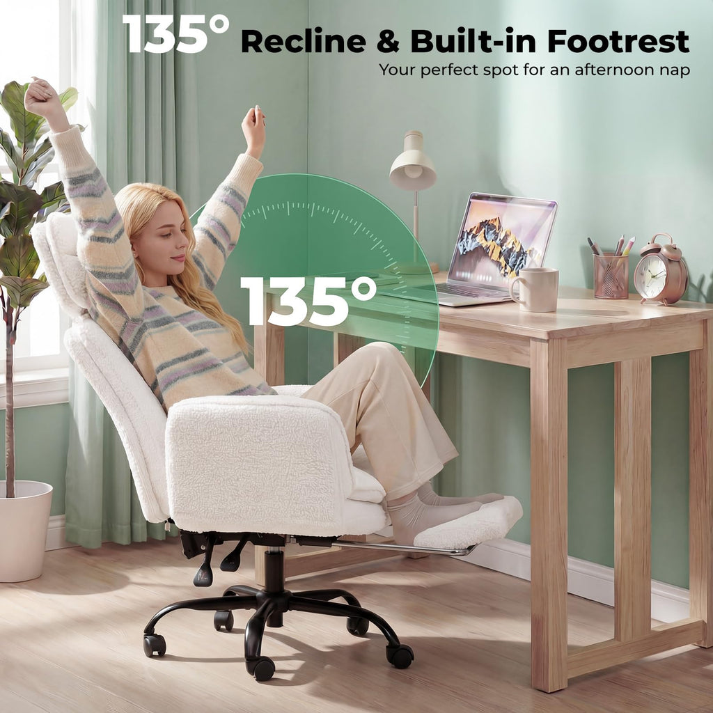 Criss Cross Office Chair with Armrests & Wheels, Comfy Velvet Vanity Chair, Ergonomic Executive Gaming Computer Chairs with Foot Rest, Wide Seat Reclining Desk Chair, White