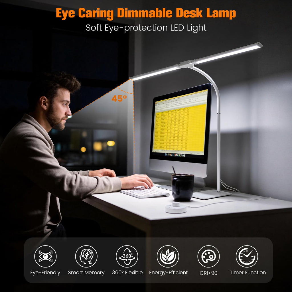 Desk Lamp for Home Office,Adjustable Double Head Desk Light with Base White