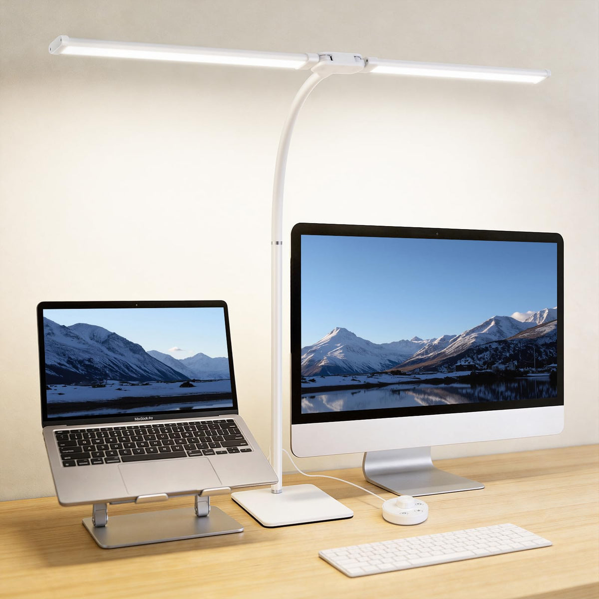 Desk Lamp for Home Office,Adjustable Double Head Desk Light with Base White