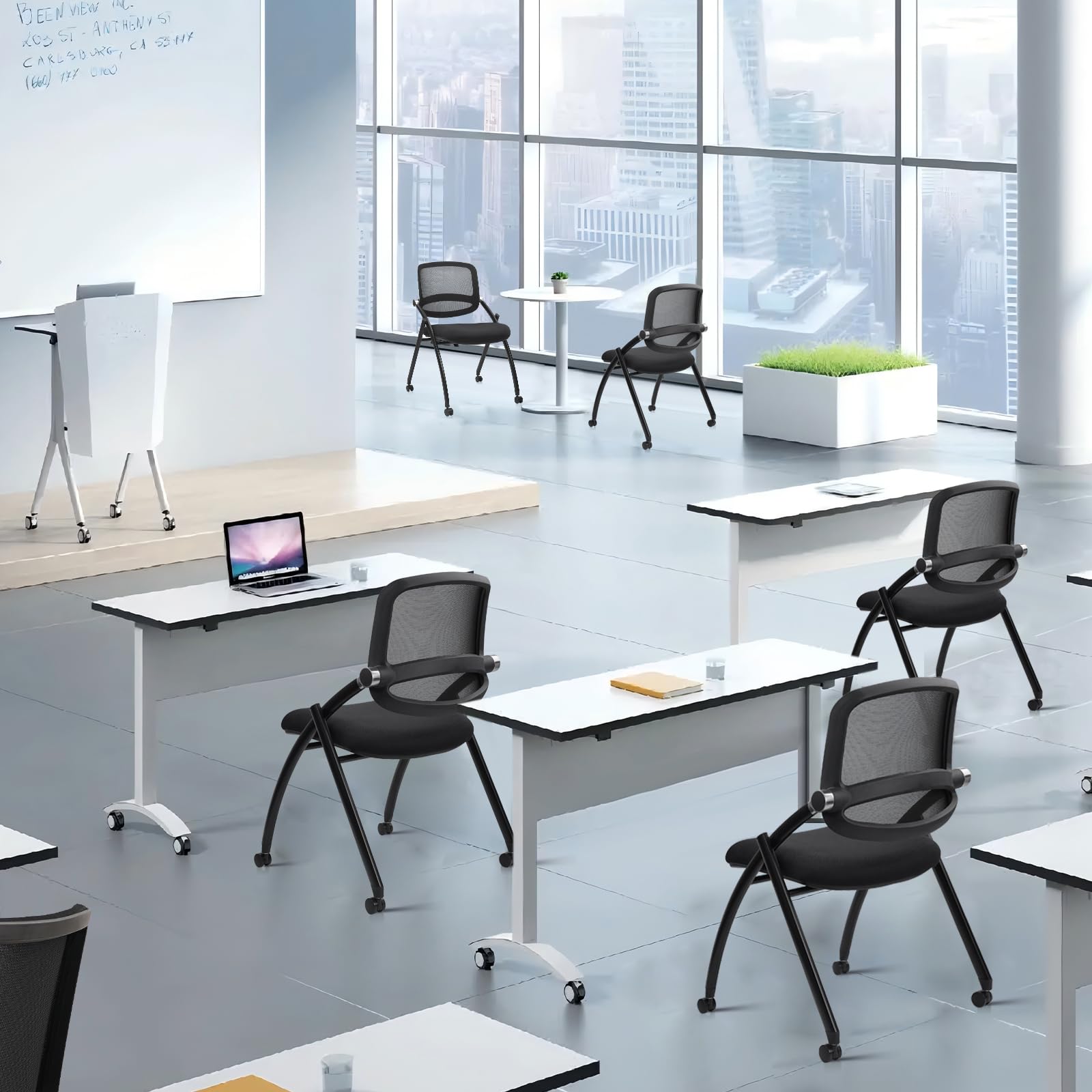 40 Pack, Stackable & Foldable Chairs with Wheels, Reception Guest Chairs with Lumbar Support, Ergonomic Curved Mesh Back Folding Chair for Office Schools Conference Waiting Room, Black