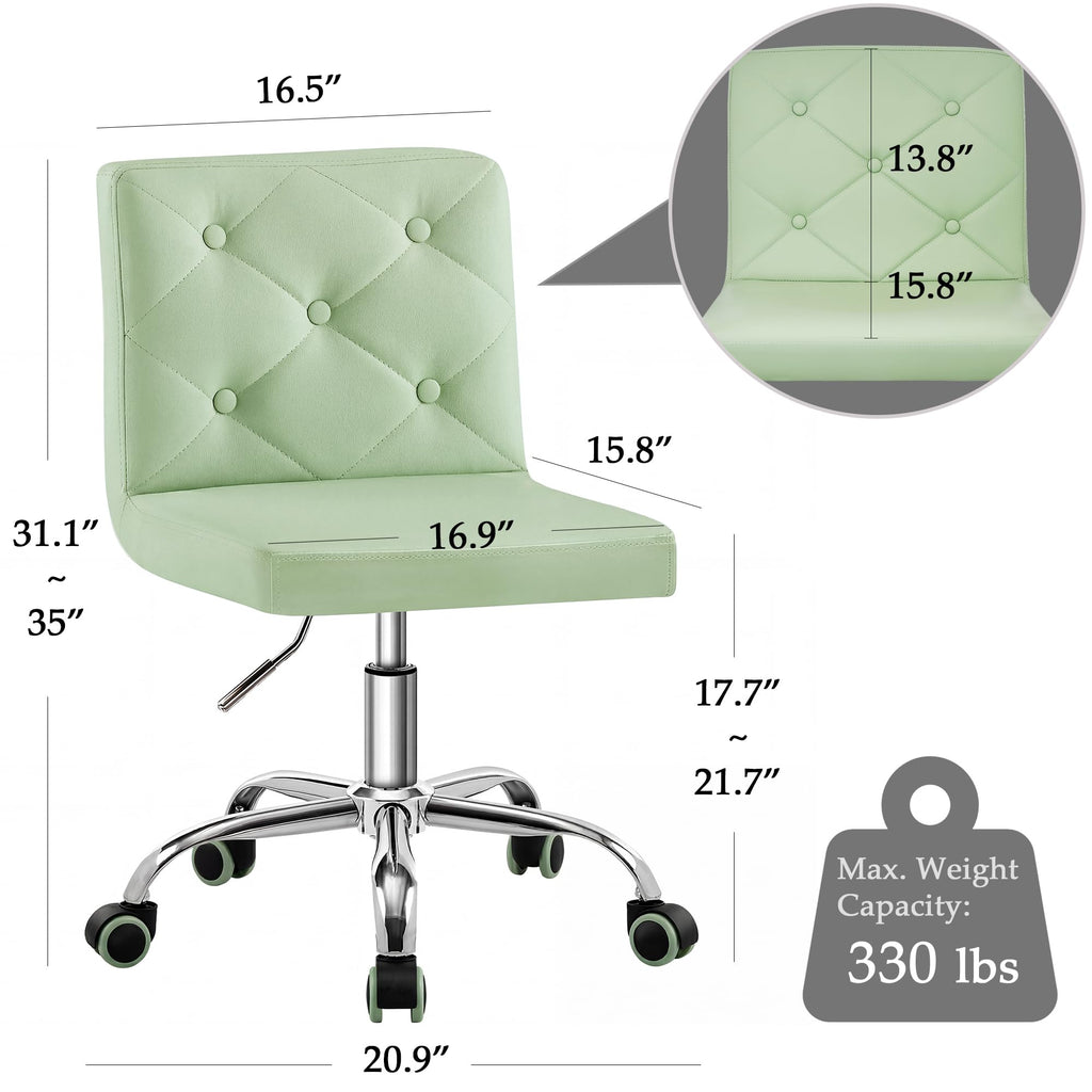 PU Leather Mid-Back Armless Vanity Chair Adjustable Height 360° Rolling Swivel for Office Work