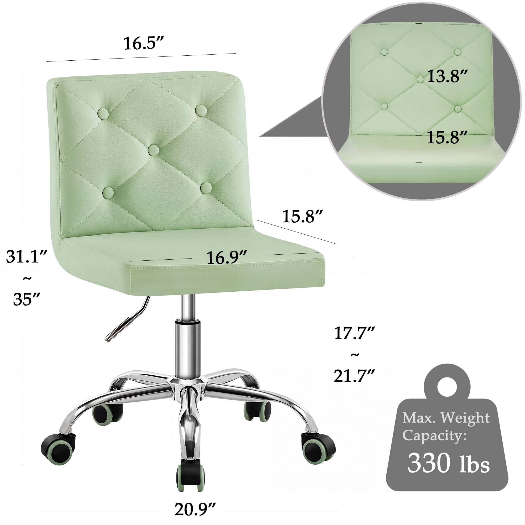 PU Leather Mid-Back Armless Vanity Chair Adjustable Height 360° Rolling Swivel for Office Work