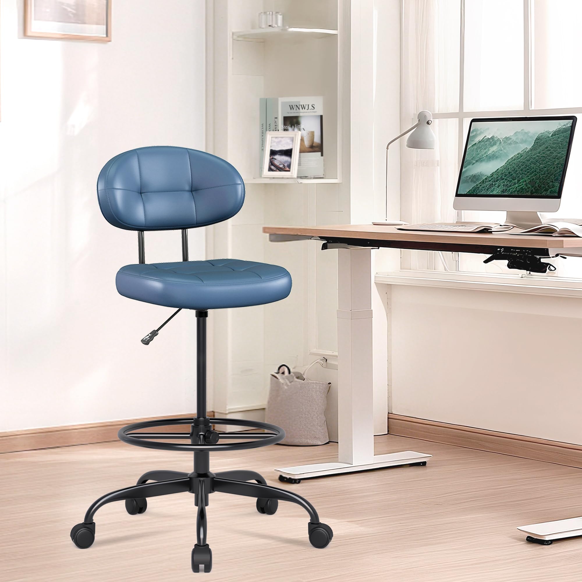 Drafting Chair Without Arms, Tall Office Chair with Footrest Ring for Standing Desk, Small Faux Leather Executive Chair with Adjustable Height for Bar Lab Counter Height Desk, Navy Blue