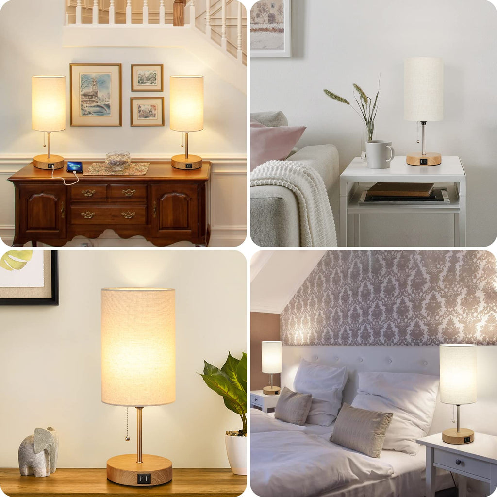 Set of 2 Table Lamps, Modern Bedside Desk Lamps with Pull Chain