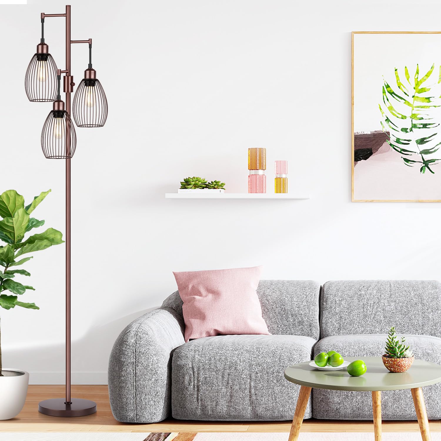 Floor Lamp, 3 x 800LM LED Edison Bulbs Included, Farmhouse Industrial Floor Lamp Standing Lamp with Elegant Teardrop Cage Head Tall Lamp for Living Room Bedroom Office Dining Room - Brown