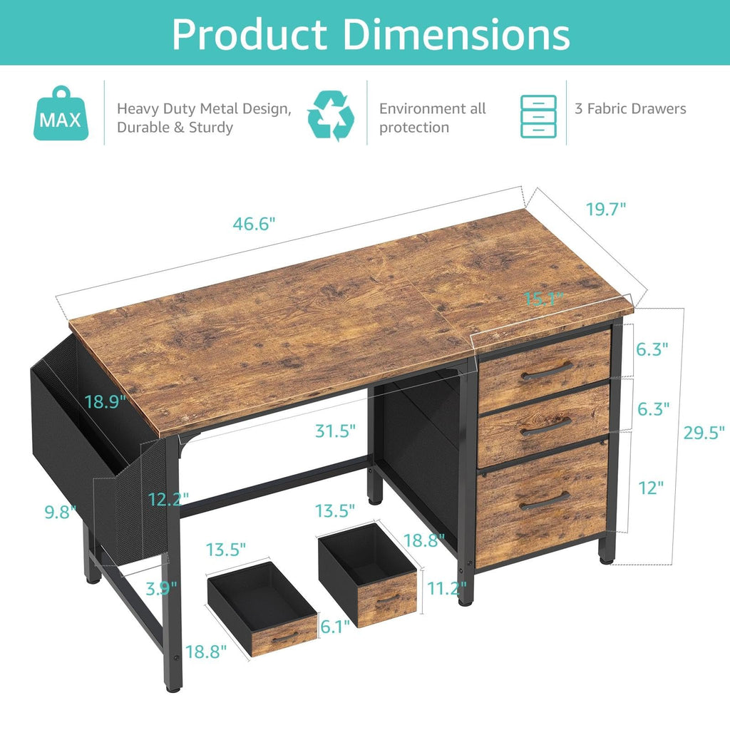Computer Desk with File Drawers Cabinet, 47 Inch Reversible Home Office Desks with Fabric Filing Cabinet for Small Space, Study Writing Table PC Desks, Rustic Brown