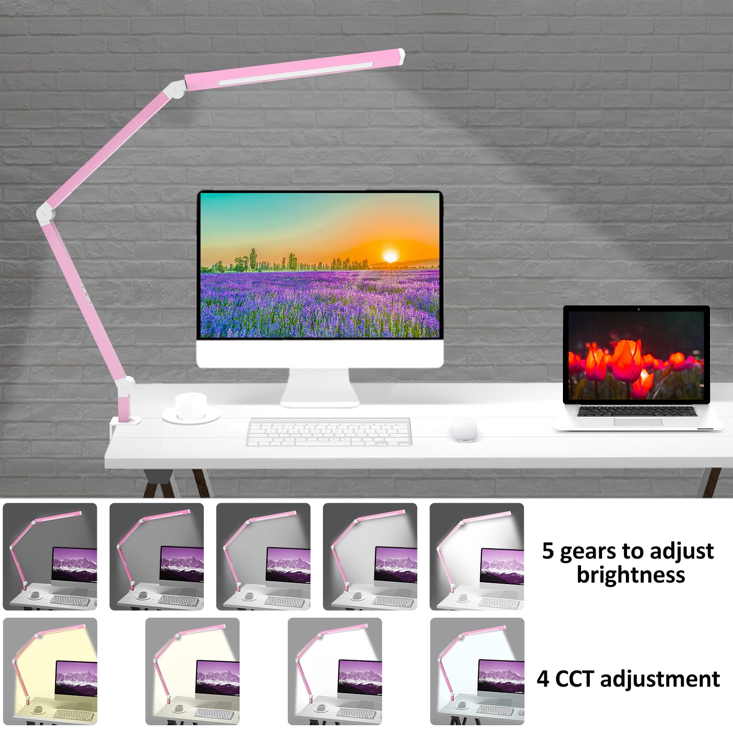 Architect Desk Lamp with Clamp, Led Desk Lamp with Dual Light Bars and Adjustable Swing Arm, Clip-on Stepless Dimming Table Light Computer Lighting for Home Office Sewing Painting Hobby