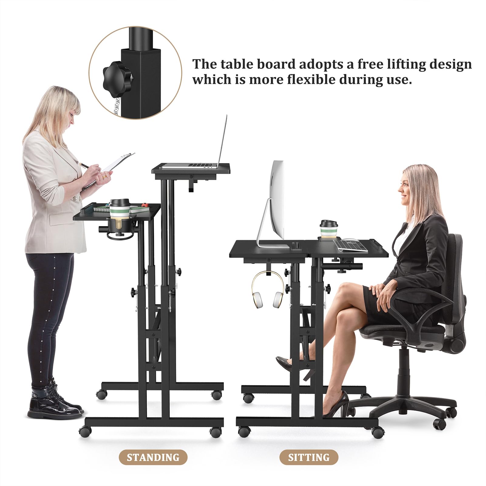 Small Standing Desk with Wheels, Mobile Stand Up Desk, Portable Standing Table on Wheels for Walking Pad, Rolling Computer Desk Adjustable Height, Tall Table