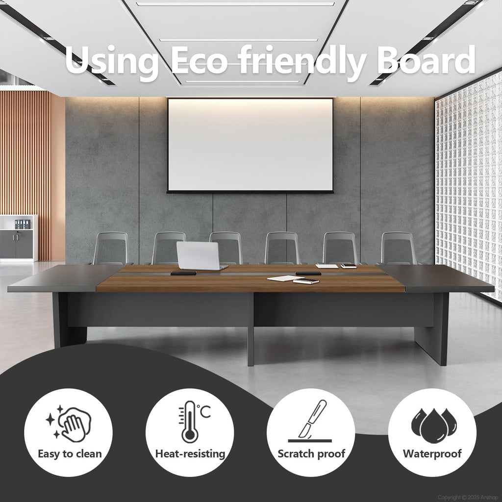 10FT Conference Table for 10 People, Large Rectangular Boardroom Meeting Table with Built-in Power Outlets & USB Ports, 2" Thick Tabletop & Heavy-Duty Base (Walnut & Gray, 118"L x 51"W x 30"H)