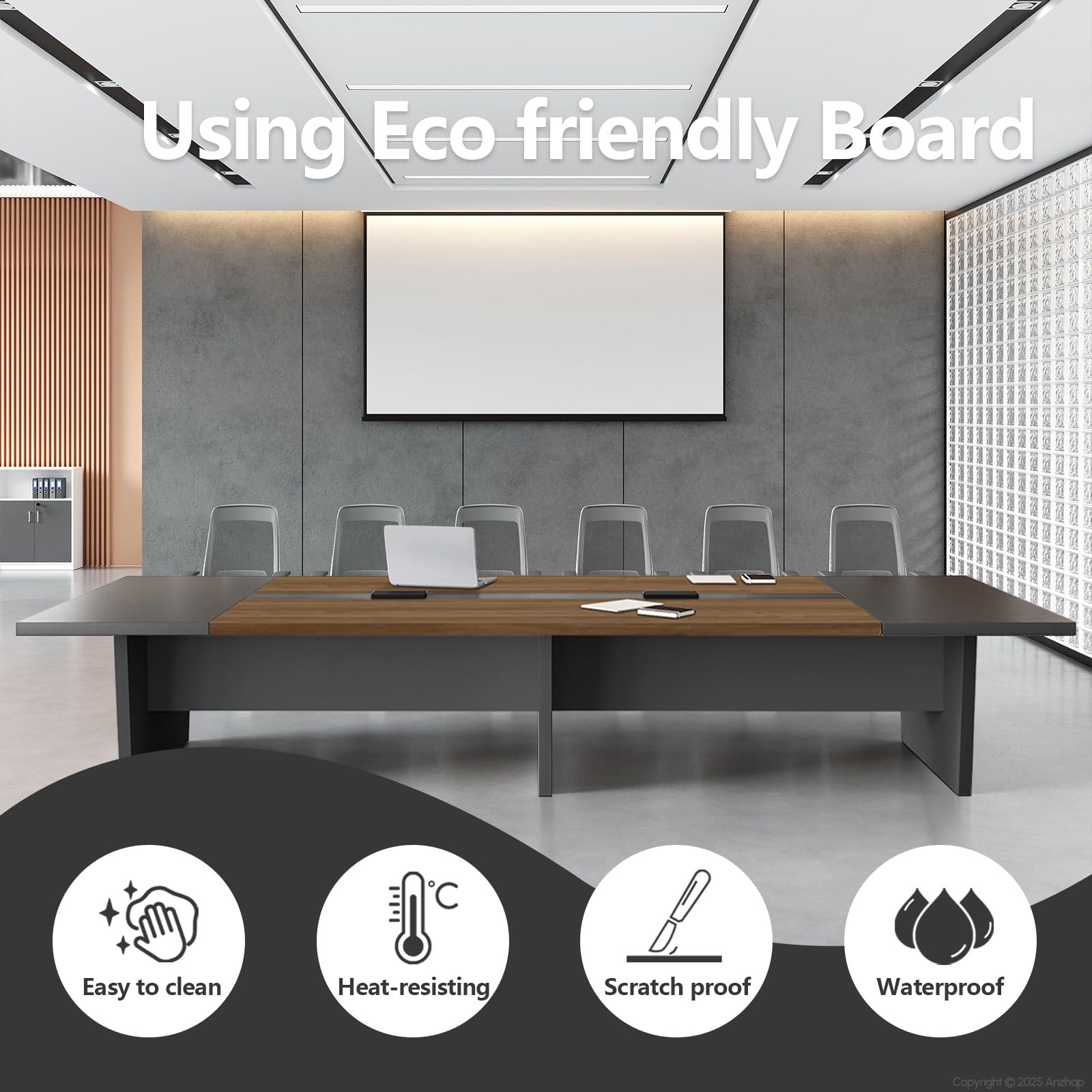 10FT Conference Table for 10 People, Large Rectangular Boardroom Meeting Table with Built-in Power Outlets & USB Ports, 2" Thick Tabletop & Heavy-Duty Base (Walnut & Gray, 118"L x 51"W x 30"H)