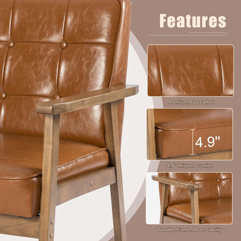 Accent Chairs Set of 2, Mid Century Modern Accent Chair, Retro Wood and Leather Armchairs Side Chair, Lounge Reading Comfy Arm Chair for Living Room, Bedroom, Office(Brown)