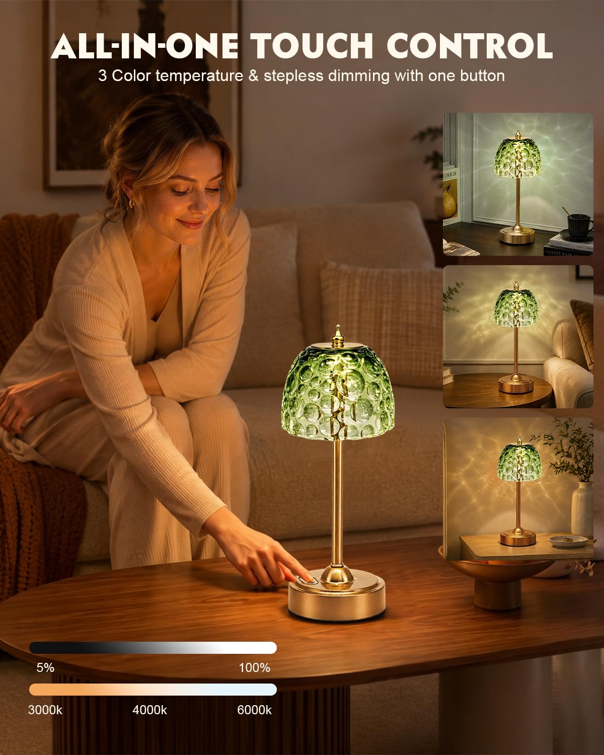 Cordless Glass Table Lamp, 5200mAh Small Rechargeable Touch Lamp