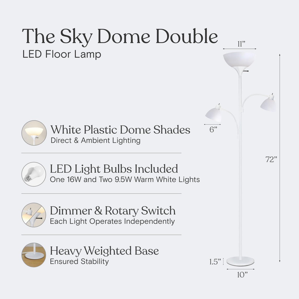 Sky Dome Double – High Brightness Torchiere Floor Lamp with 2 Reading Lights for Living Rooms, Bedrooms – Replace Halogen Standing Lamps with Efficient LED Office Lighting - Tall White Pole