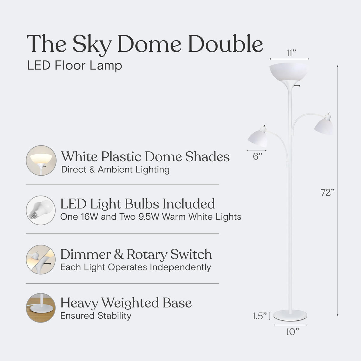 Sky Dome Double – High Brightness Torchiere Floor Lamp with 2 Reading Lights for Living Rooms, Bedrooms – Replace Halogen Standing Lamps with Efficient LED Office Lighting - Tall White Pole