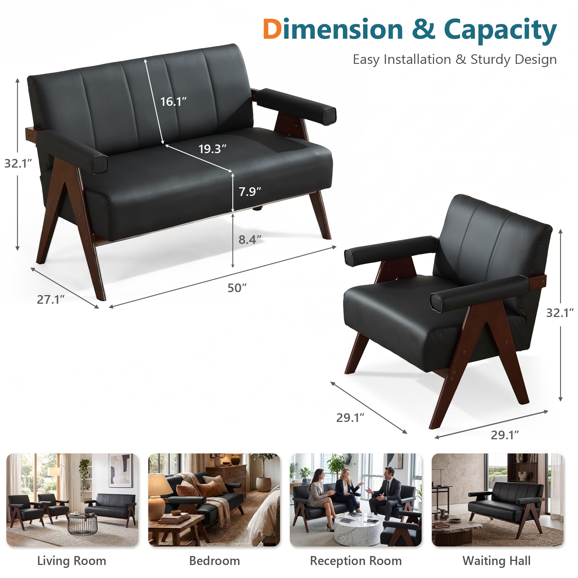 Black Leather Loveseat Sofa and Accent Chairs Set of 2, Mid-Century Modern Office Furniture Couch and Chair Set, Small Love Seat Couches with Wood Arm, 3 Pieces Living Room Furniture Sets (3)