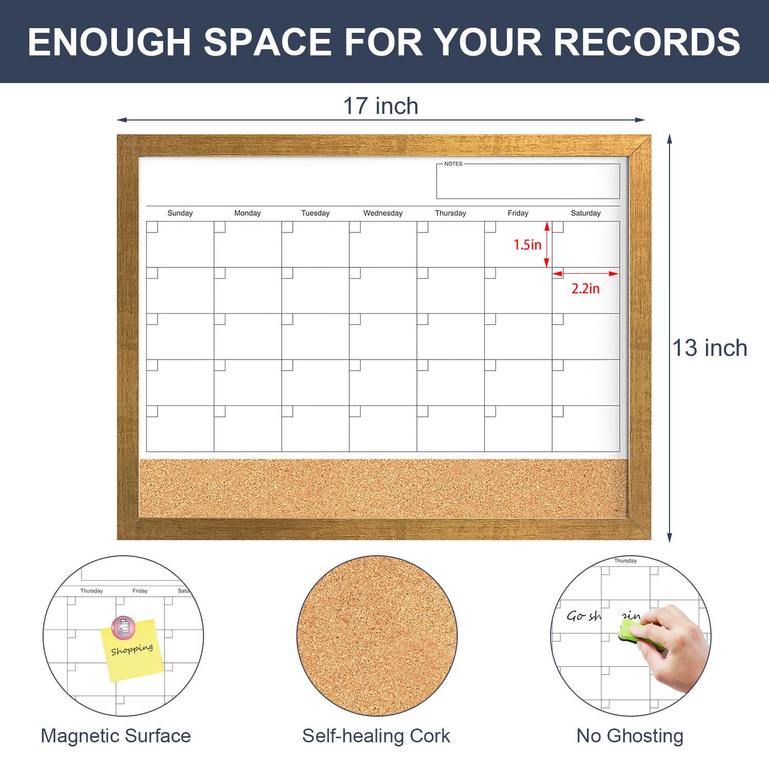 Calendar Whiteboard for Wall, 17x13 Inches White Board Calendar Dry Erase, Small Magnetic Monthly White Board with Gold Wood Frame, Hanging Dry Erase Board for Kitchen Home Office School Planner