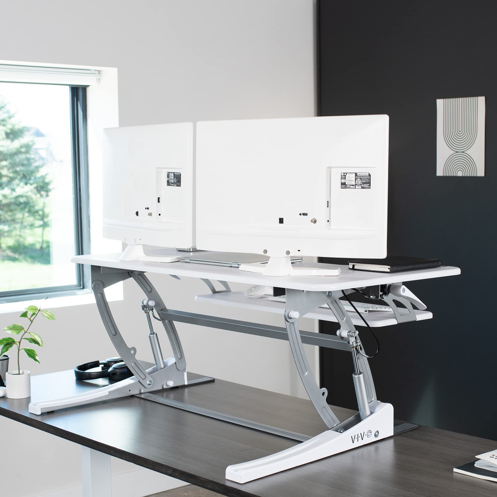 42 inch Height Adjustable Stand Up Desk Converter, V Series, Quick Sit to Stand Tabletop Dual Monitor Riser Workstation, White
