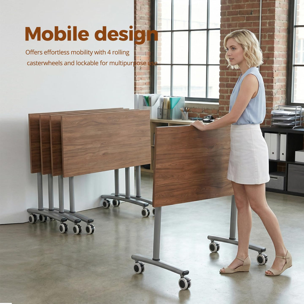 55″ Flip Top Training Table with Lockable Wheels, Mobile Nesting Folding Conference Table, Space Saving Seminar Desk for Classroom, Office, Library (6, Walnut, 55"×20"×30")