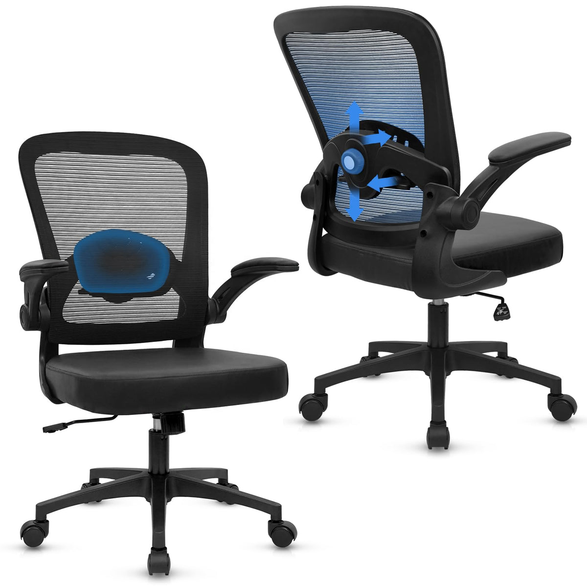 Desk Chairs with Wheels, Ergonomic Mesh Back PU Leather Seat Home Office Adjustable Lumbar Support and Height Swivel Rolling Computer Task Chair with Flip Up Arms for Conference, Black, 2PK