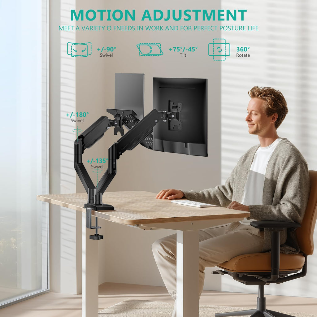 Laptop Desk Mount, Dual Monitor Arm with Laptop Holder, Adjustable Height Laptop Arm Mount for Desk, Fits 17” Notebook and 32” Monitors, Up to 22Lbs, Black