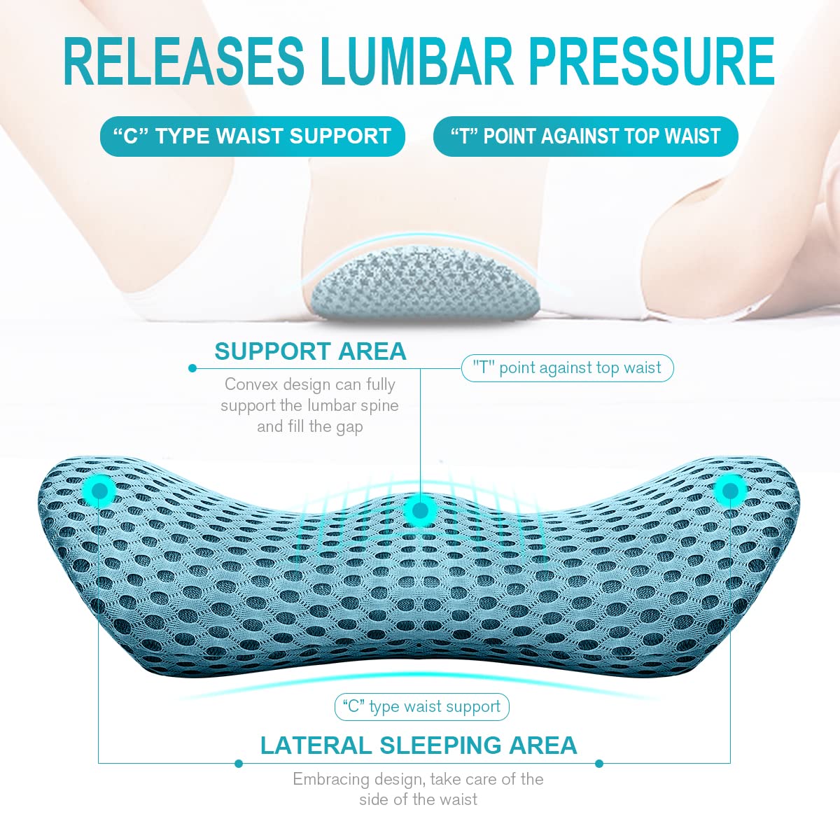 Lumbar Support Pillow for Office Chair, Memory Foam Lumbar Pillow for Lower Back Pain Relief (Blue)
