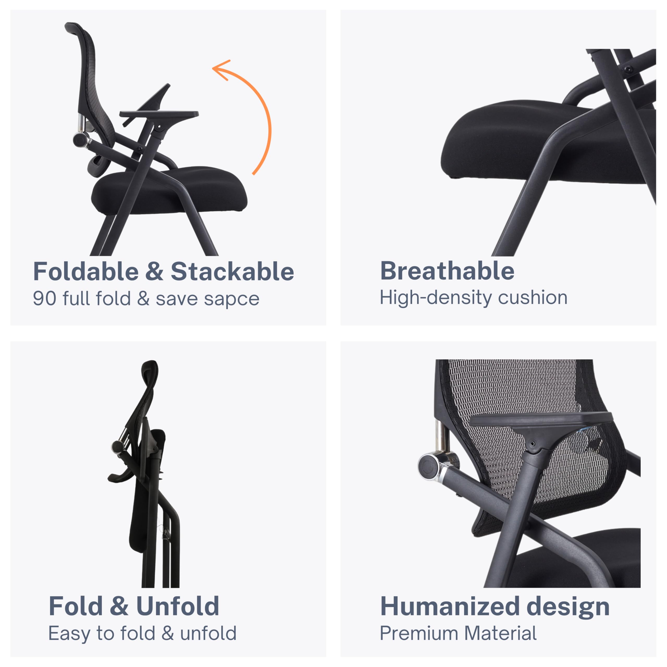 6 Pack Black, Updated Conference Room Chairs, Folding Office Desk Chair with Lumbar Support and Sliding Armrest with Casters, Stackable Office Guest Chairs & Reception Chairs