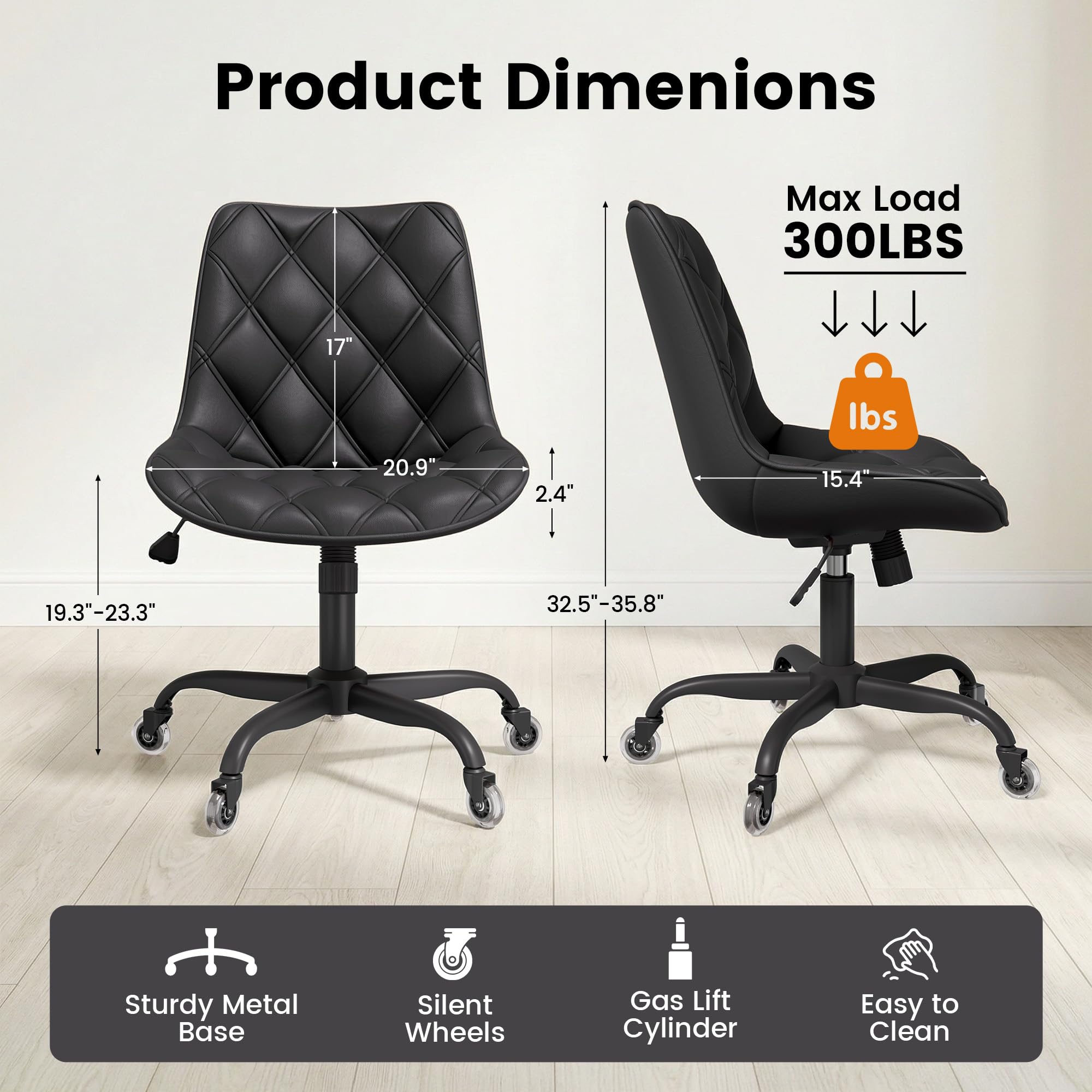 Armless Office Chair, Mid Back Modern Desk Chair with Rubber Wheels, 360 Swivel PU Leather Office Chair No Arms, Adjustable Height Small Computer Chair, Armless Desk Chair for Office, Black