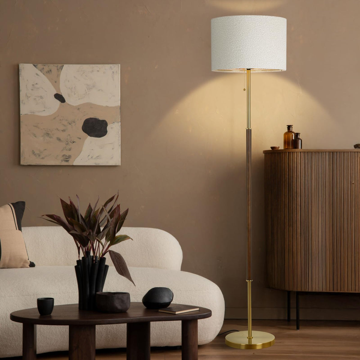 Bedroom Standing Floor Lamp, Farmhouse Lamp with Linen Shade, Gold