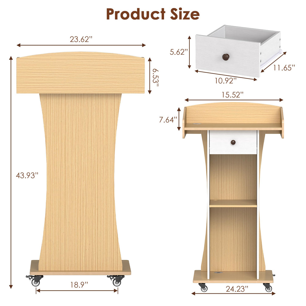Podium Stand with Metal Wheels Wooden Teacher Lectern Portable Pulpit Standing with Drawer and Adjustable Shelf Mobile Rolling Reception Podiums for Church Office Classroom Lecture Meeting,White+Oak