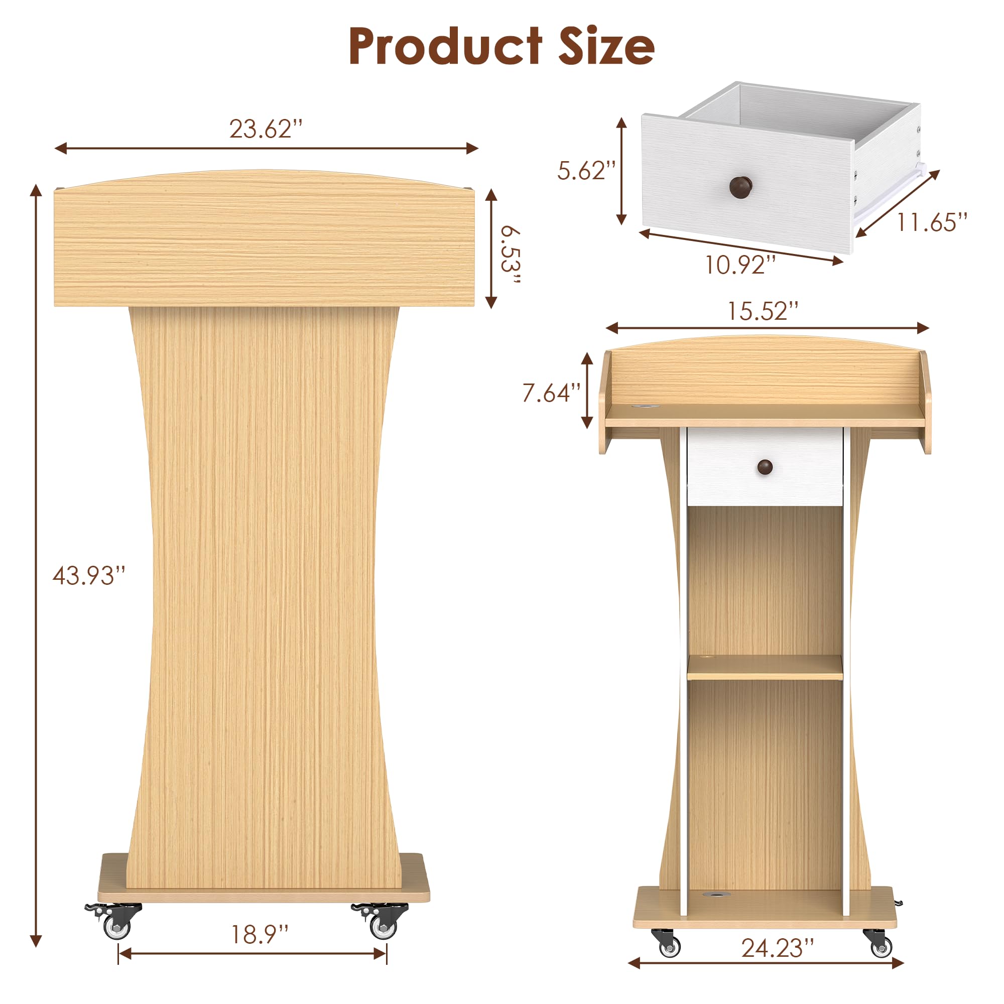 Podium Stand with Metal Wheels Wooden Teacher Lectern Portable Pulpit Standing with Drawer and Adjustable Shelf Mobile Rolling Reception Podiums for Church Office Classroom Lecture Meeting,White+Oak