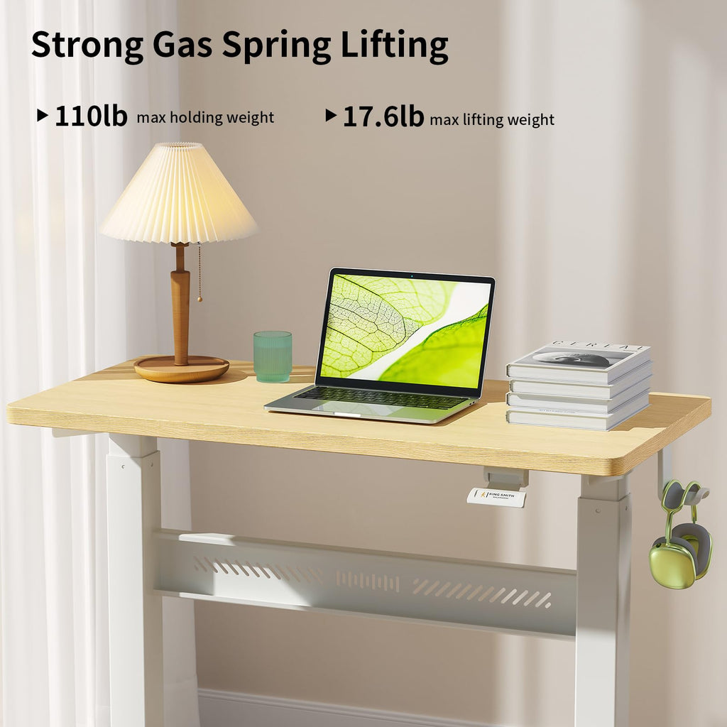 Mobile Walking Pad Desk with Wheels, Pneumatic Small Rolling Standing Desk Riser Height Adjustable (28-43.7") for Treadmill, Portable Computer Table for Home Office, Oak