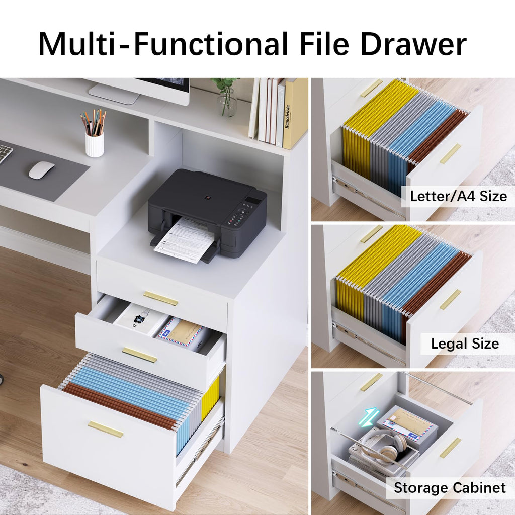 Computer Desk with 3 Drawer & Storage Shelves, Home Office Desk with File Drawer & Cabinet, Writing Study Table with Long Monitor Stand & Printer Shelf, Executive Desk, White