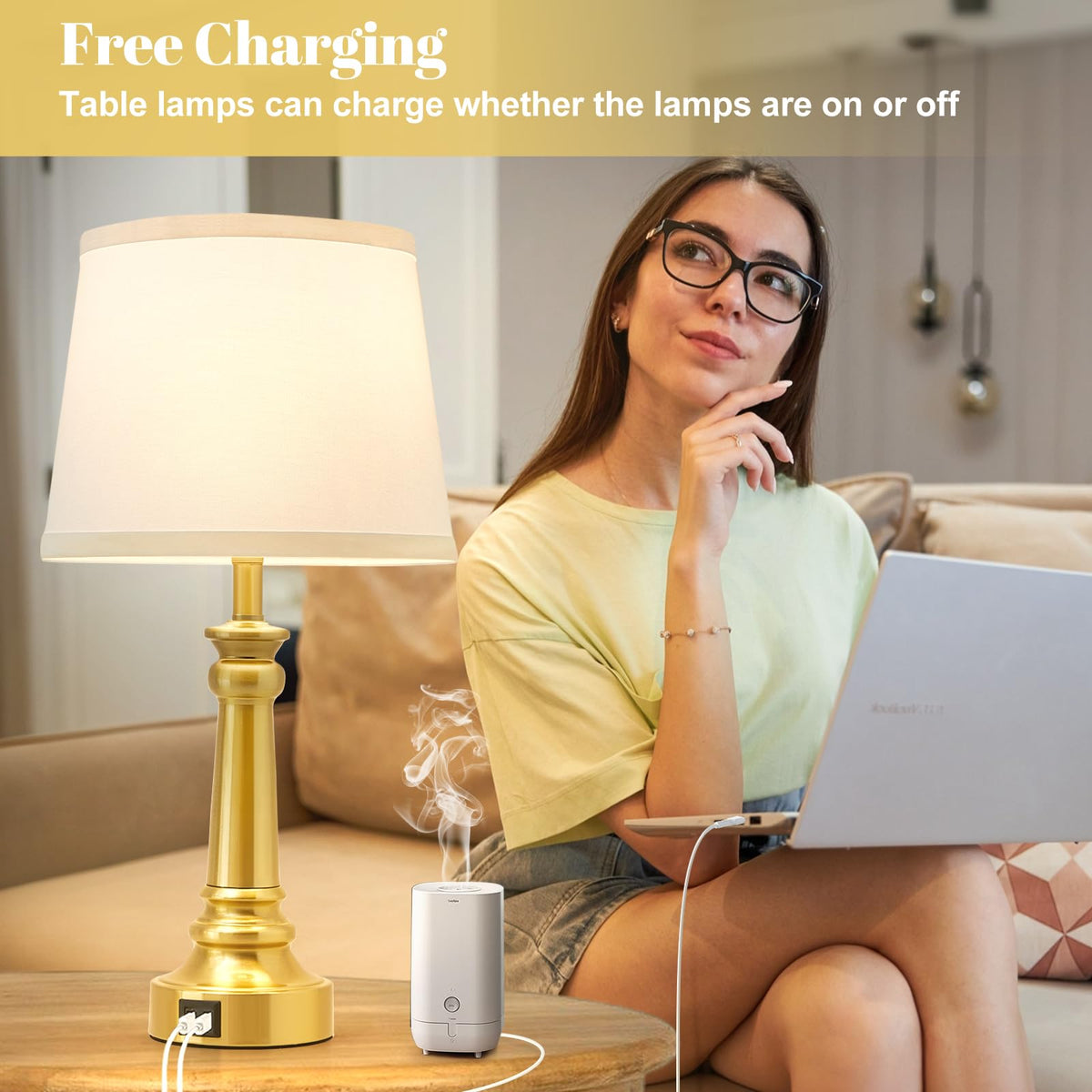Touch Lamps for Nightstand Set of 2 - Gold Table Lamp for Bedroom Dimmable Bedside Lamps with USB C+A Ports - Lamps for Night Stands Living Room End Table,2 LED Bulbs Included